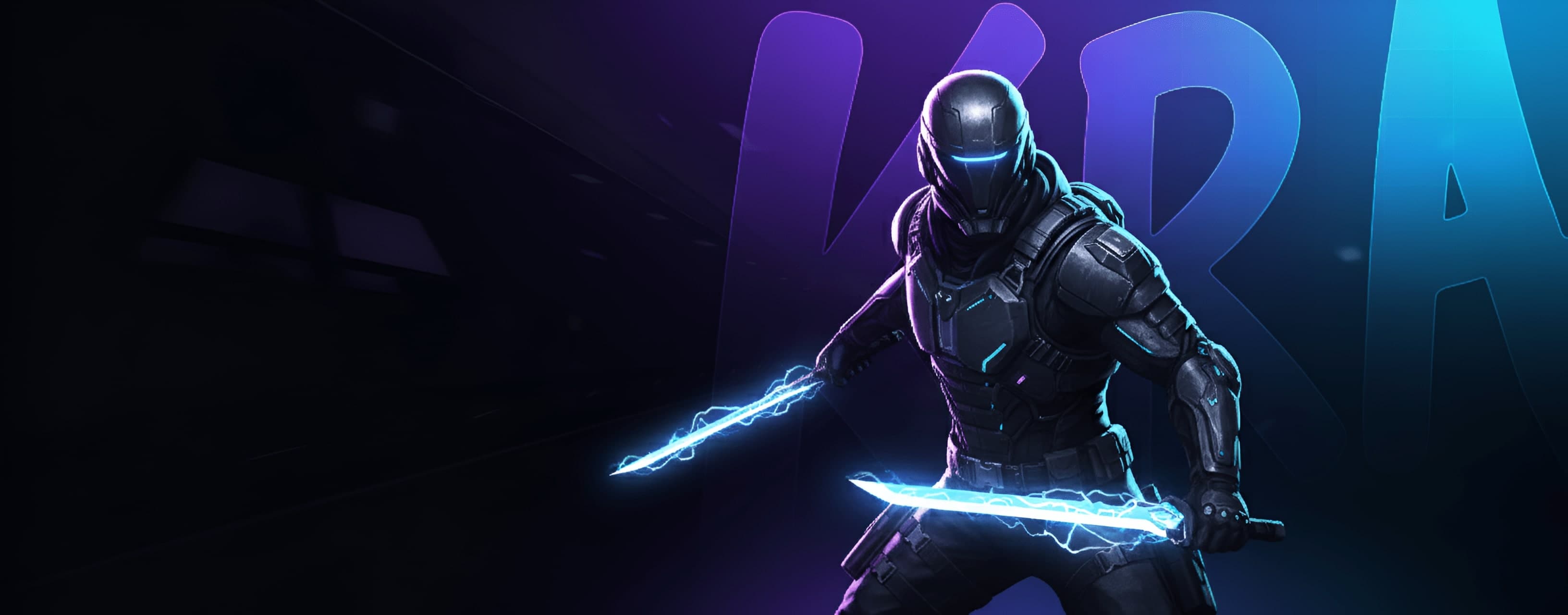 Gaming character with futuristic weapon in purple and blue themed environment